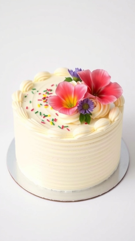 A size 6 buttercream cake with smooth frosting, colorful sprinkles, and fresh flowers on a white plate.